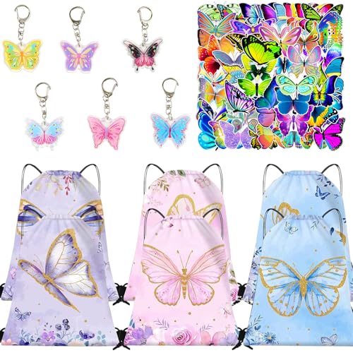 TIVUNORON Papillon 62 Pcs Anniversaire Cadeau Enfant, Pinata Fête Fille avec 6 Sac à Cordon, 50 Décalcomanie, Jouet pour 6 Invités