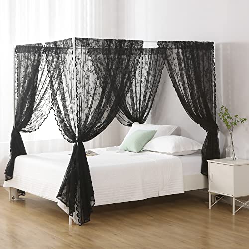 WANFASO Black French Lace Canopy Bed Curtain Queen, Gothic Style