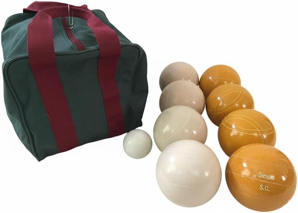 BuyBocceBalls Listing - Made in USA, Premium Quality Engraved Tournament Bocce Set, 998 Grams (2 lbs. 3.2 oz.). Various Bag Colors - 110mm Gold and White Balls, Nylon Bag