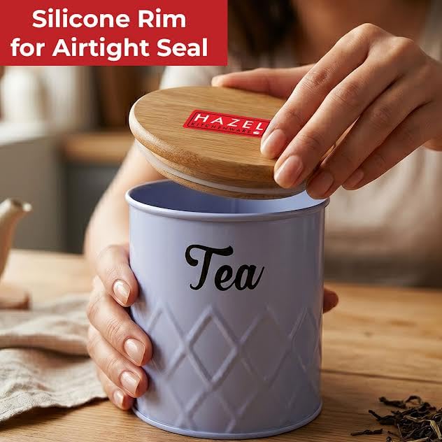 Image of HAZEL Tea Storage Container with Wooden Lid Metal Airtight Canister, 500ml