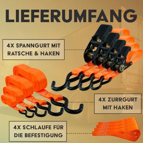 Spanngurte mit Ratsche und Haken 4er Set, 25mm breit 4,5m lang, bis 800kg, Spanngurt-orange, Zurrgurte für Ladungssicherung, Spanngurte Haken, Gurtband, Spanngurt 4,5m