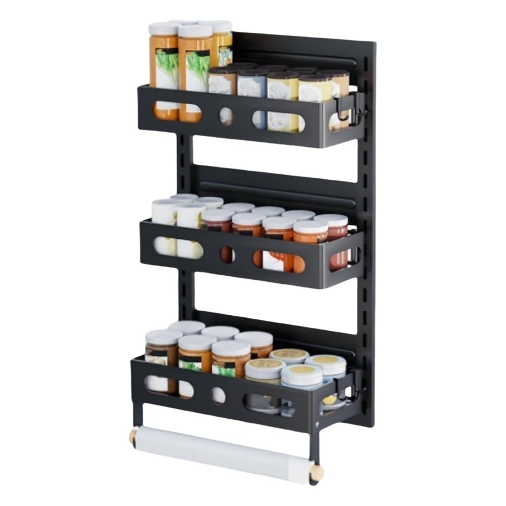 Goxyffmnv Magnetic Storage Shelf, Metal Spice Rack, Foldable Organizer Stand, Multi-layered Organizer for Kitchen, Living Room, Small Space(Black,11.4 * 5.9 * 19.7in)