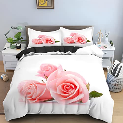 Single Duvet Cover Set Pink Rose Flower Bedding Microfiber Duvet Cover Soft Duvet Set 140x200cm Duvet Cover Sets with Zipper Closure Bedding Set Includes Pillow Cases 2 Pack 50x75cm