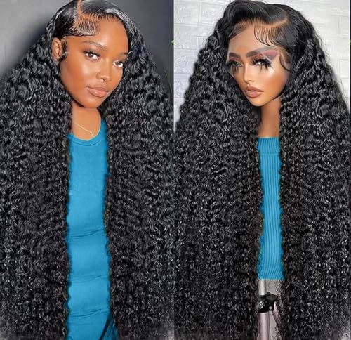 HONEY CROWN 34 Inch 13x6 Deep Wave Lace Front Wigs Human Hair HD Lace frontal Deep Curly Human Hair Wig for Black Women 180% Density Wet and Wavy Glueless Wigs Human hair Pre Plucked with Baby Hair