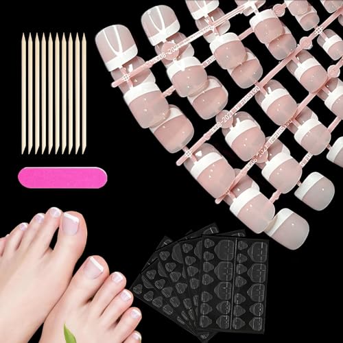 120 Piezas Uñas Postizas para Pies, 12 Tamaños Cortas Uñas Postizas Pies, Cubierta Completa Puntas de Uñas Artificiales Cuadradas Cortas, para Damas Mujeres Niñas Uñas Decoraciones(French Style)