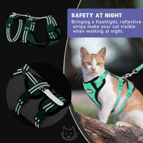 Image of Cat Harness for Walking, Escape Proof Cat Harness and Leash Set with Reflective Strip, Adjustable Cat Leash Breathable Soft Vest for Small to Large Cats, Green, S