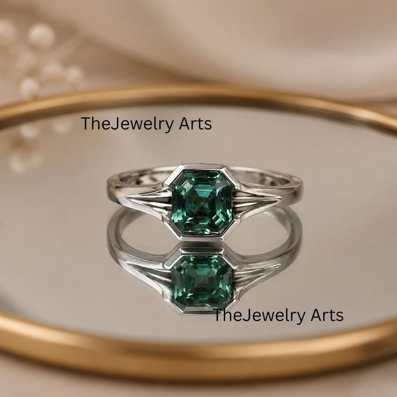 Green Sapphire Engagement Ring Asscher Cut Sterling Silver White Gold Teal Wedding Jewelry for Women