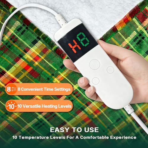 Image of Electric Blanket Heated Throw, Soft Flannel 50 inchx60 inch Plaid Heating Blanket with 8 Hours Auto Off 10 Fast Heating Levels Machine Washable Sherpa Heated Blanket with Overheating Protection