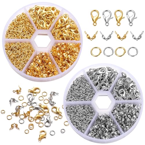 Bikasun 1140 Pieces Jewellery Clasps Set, 2 Colours Lobster Clasps for Jewelry Making, Jump Rings Connectors with Plastic Case, Closures Clasps for Necklace Bracelet Anklets Making, Gold and Silver