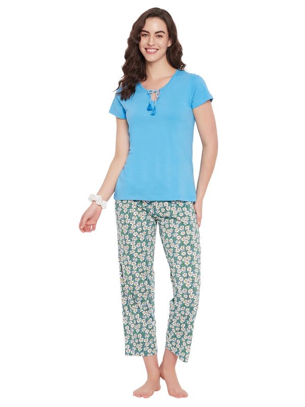 Image of Clovia Women's Cotton Printed Top & Pyjama Set - Blue