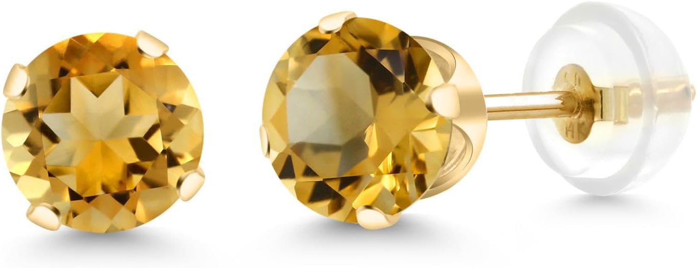 Gem Stone King 14K Gold Gemstone Birthstone Solitaire Stud Earrings | Round 6MM | Gold Earrings For Women Men