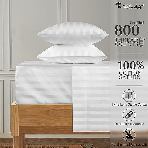 URBANHUT 800 Thread Count Egyptian Cotton California King Damask Striped Sheets Set (4 Pc) - Ultra Soft & Smooth, Thick & Crisp Sateen Weave Calking Striped Bedsheets, Fits Upto 16" Mattress - White