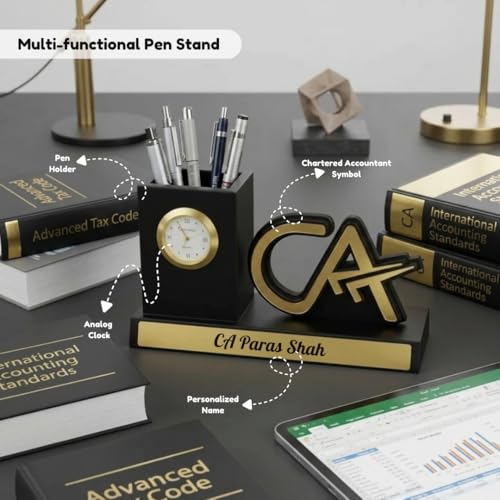 Image of Giftana Personalized CA Pen Stand with Name & Clock, Wooden Desk Organizer with Chartered Accountant Emblem, Customized Pencil Holder for Office Desk, Unique Gift for CA, Birthday & Professional Gift