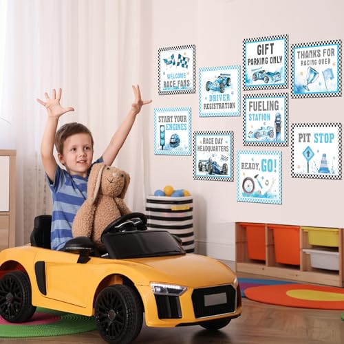 Blulu 9 Pcs Race Car Birthday Party Decoration Party Supplies Checkered Flags Fast Racing Fans Wall Decor Car Stickers with 40 Glue Points for Racing Room Kids Race Fans(Fresh Style) — view 6