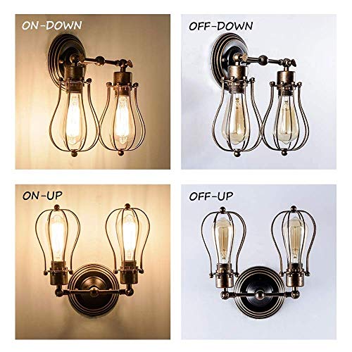 Vintage Industrial Wall Lights Rustic Wire Metal Cage Wall Sconces Adjustable Double E27 Socket Up And Down Lighting Indoor Home Retro For Bedroom Living Room Mirror Front Wall Lamp #TOP4