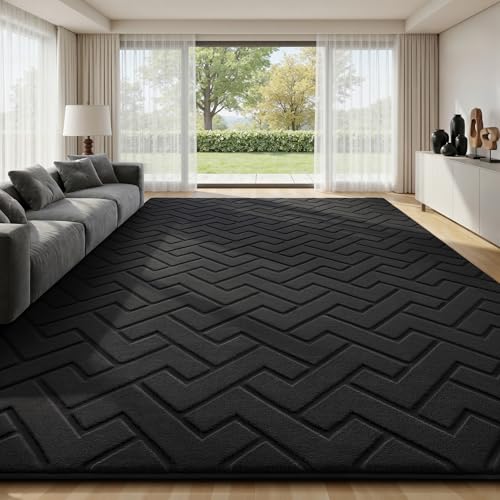 Image of Sour Lemon Rugs Living Room Large 140x200cm, 3D Z-Shaped Pattern Black Soft Fluffy Rug For Bedroom, Extra Large Washable Area Rugs Anti Slip, Short Pile Carpet For Dining Room Kids Room