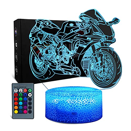 Anktily Veilleuse Moto 3D Illusion Lampe Jouets, Veilleuse Enfant Lampe de Nuit pour Chevet Table Cadeau Noël Pour Femme Homme Garçon 16 Couleurs avec Télécommande