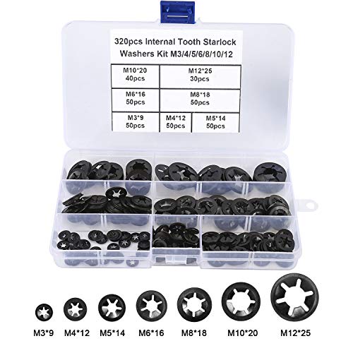 Hantof 7 Sizes 320Pcs Internal Tooth Starlock Washers,Quick Speed Locking Washers, Push On Retainers Clips,Push On Nut Fasteners Assortment Kit For Shaft And Stud,65Mn Spring Steel,Black Oxide Finish #TOP1