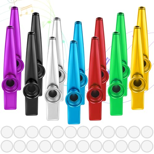 14 Piezas Kazoo Pitos de Carnaval Kazoos Metal Aleación de Aluminio en 7 Colores Kasu Instrumentos Musicales con 24 Kazoo Membranas de Flauta para Niños Fiesta Favors Regalos Música Principiantes