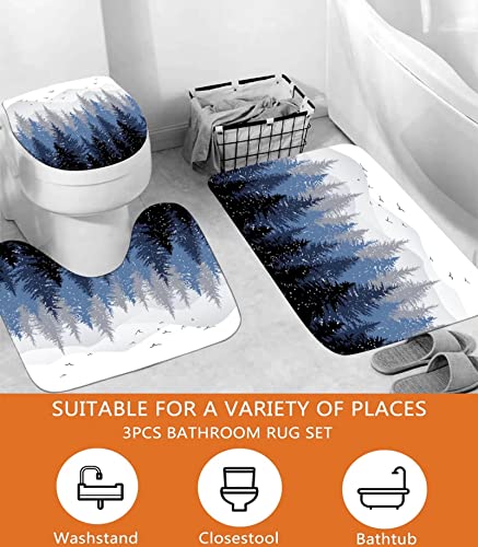 Ddqq 4Pcs Mountain Forest Shower Curtain Set With Non-Slip Rug, Toilet Lid Cover Bath Mat, Foggy Nature Blue Tree Waterproof Shower Curtain With 12 Hooks For Bathtubs Hotel Bathroom Decor #TOP3