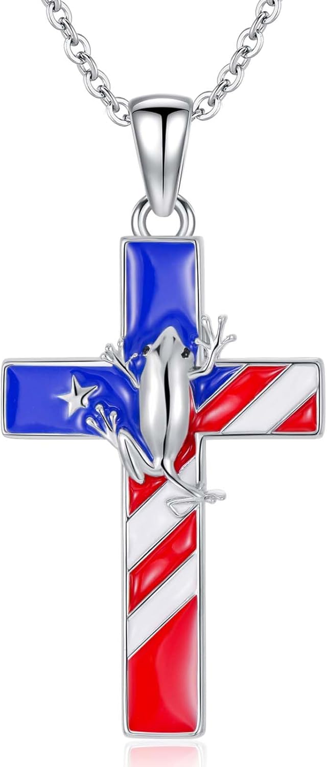 ROMANTICWORK Puerto Rico Map Cross Necklace for Men Women 925 Sterling Silver Puerto Rico Coqui Frog Pendant Memorial Jewelry Gifts for Boyfriend Husband Father