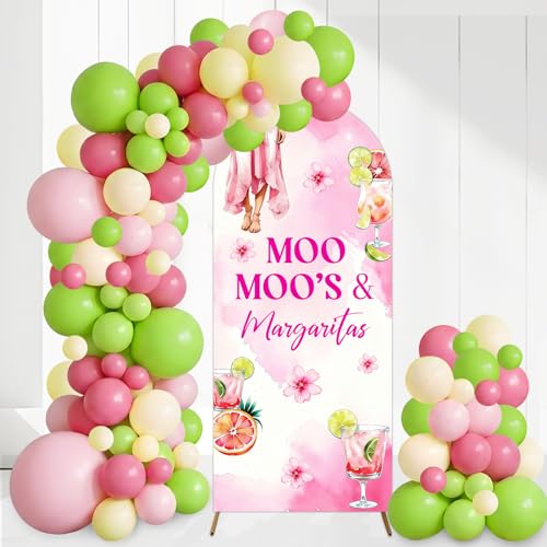 Moo Moo's & Margaritas Arch Backdrop Cover Pink Dress Floral Cocktail Martini Bachelorette Party Decor 6ft Balloon Arch Stand Backdrop for Women Mexican Fiesta Bridal Shower Wedding Supplies