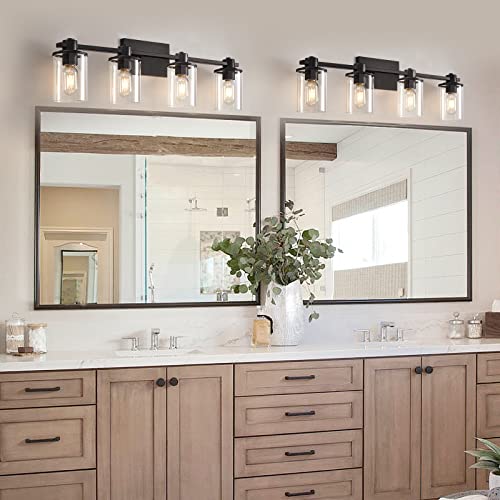 Image of 4-Light Modern Vanity Lights,Industrial Matte Black Bathroom Light Fixtures with Clear Glass, Vanity Lights Fixture for Bathroom, Living Room, Mirror, Bedroom,Hallway