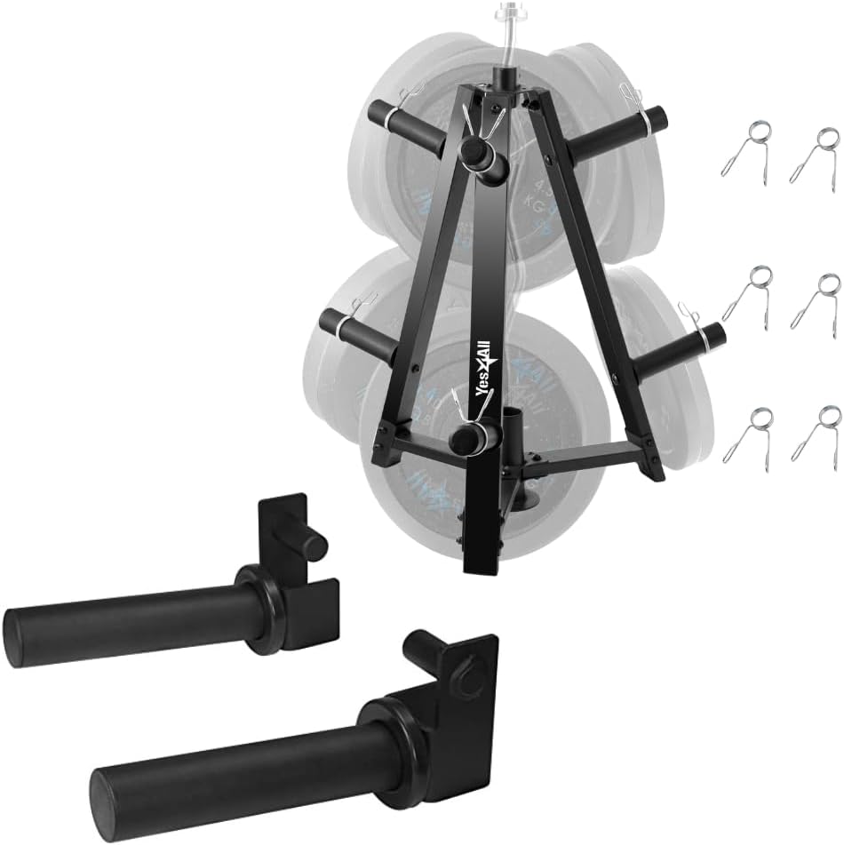 Metal 6-Peg Olympic Weight Plate Tree and Vertical BarBell Holder + Weight Holder Attachment