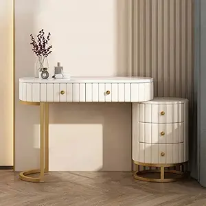 NG Decor Epaule White Makeup Vanity Expandable Upholstered Dressing Table with 5 Drawers Gold (Stool not Included)