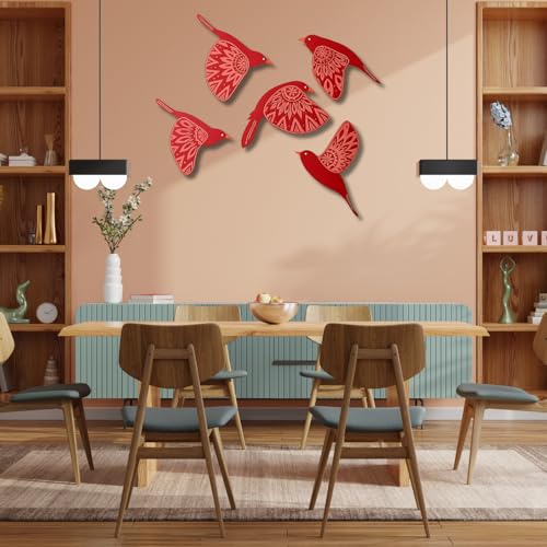 Image of GiftOday Wooden 3D 5 Pieces Birds for Wall Art Panel | Wood Bird Folk Art Wall Hanging Art Decoration Item for Living Room, Bedroom, Drawing Room, Dining Room & Office (Red) Pack of 1