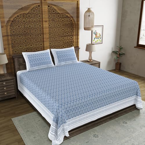 Image of BLOCKS OF INDIA Hand Block Printed 200 TC Cotton Super King Size Bedsheet (Blue DOT)