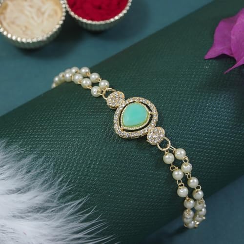 Image of I Jewels Designer Kundan Pearl Bhaiya Rakhi With Roli Chawal for Brother /Bro /Men with Rakshabandhan Card