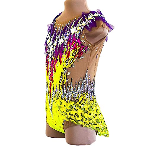 FWEBGW Rhythmische Gymnastiek turnpakjes, Meisjes Vrouwen Kinderen Wedstrijdprestaties Strass Mouwloos Team Sportkleding, Geel, 8 Jaar - Image 4