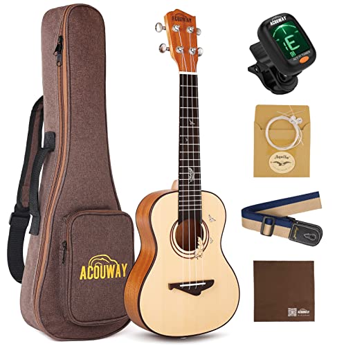 Concert Ukulele Spruce 24 Inch Mahogany wooden Ukelele kit with free Gig Bag, Strap, Aquila Strings Set, Tuner, Small Starter Hawaiian Guitar Instrument Bundle, Ukalalee