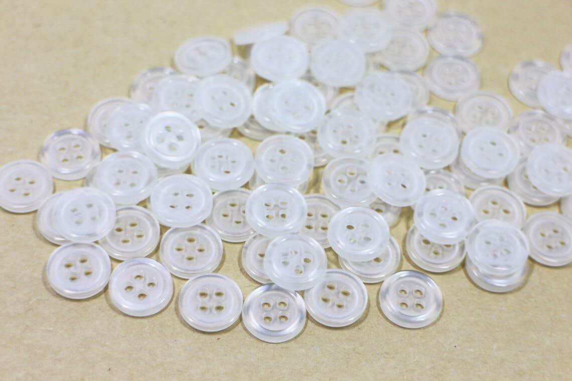 50pcs 15mm (0.59inch) Clear White Pearlescent 4 Holes Small Round Resin Sewing Buttons Craft Embellishments
