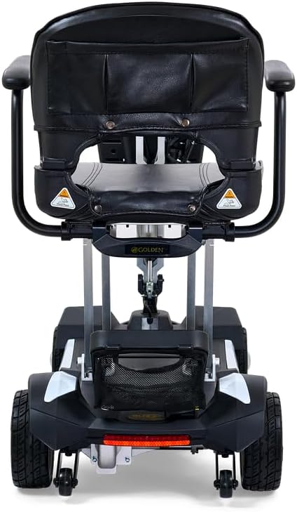 Golden Tech GB120 Buzzaround Carry-On Folding Travel Scooter, folded upright