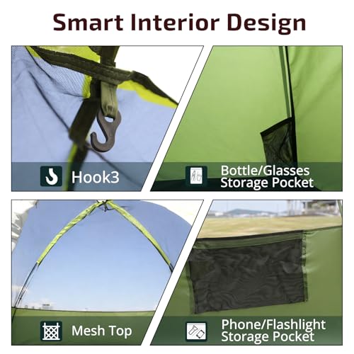 Golabs CT1 2 Person Camping Tent, Easy Set Up in 3 Mins, PU1500mm Waterproof w/Mesh Top & Door with Ventilation, Lightweight 4.4lbs Portable Family Tent with Carry Bag &Interior Storage Pockets &Hook - Image 4