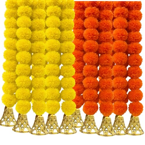 Bindian Artificial Marigold Flower Garland with Hanging Bell, Yellow and Orange, Fabric, 150 cm, for Festive Pooja and Wedding Door Decoration (Yellow, Orange, Pack of 10)