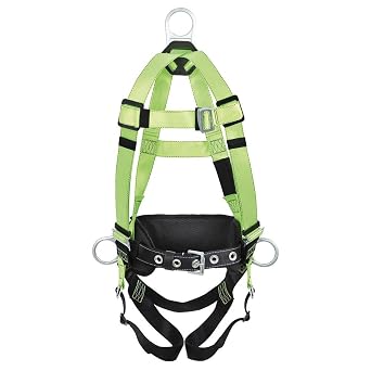Peakworks Fall Protection Full Body Safety Harness with Positioning Belt, Padded Lumbar Support, Back & Side D-Rings, Pass Thru Leg Buckles, Hi Vis Green/Black, Small, V8255221