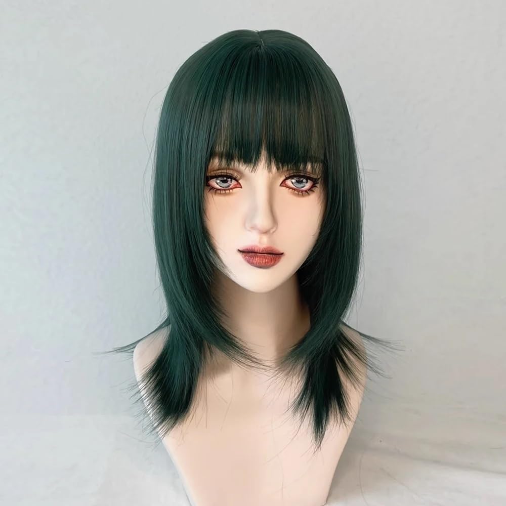 Parrucca Parrucca Sintetica Corta e Liscia da Donna, Verde, con Frangia, Testa Mullet soffice for Feste quotidiane Parrucca Donna