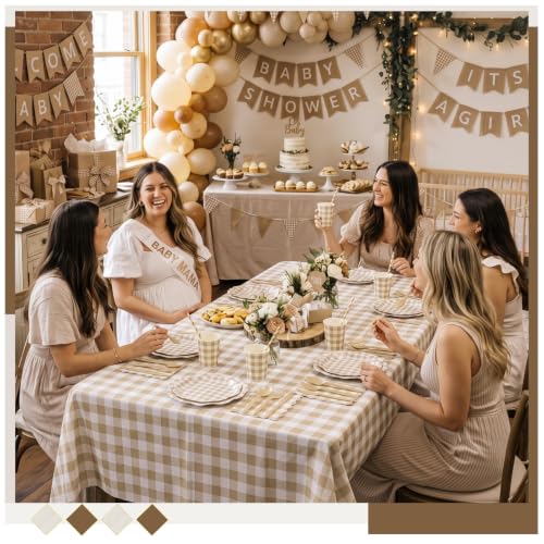 Image of Funnymoom 452 Pcs Brown Gingham Party Supply for 50, Beige Plates Napkins