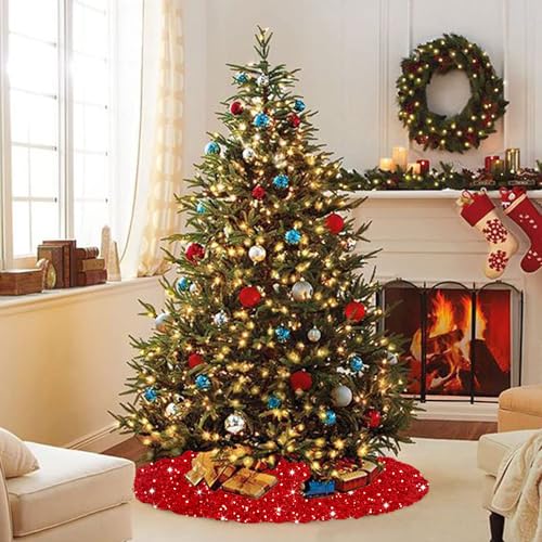 FANPROMS Red Christmas Tree Skirt for TableTop Tree 21 Inches Xmas Sequin Tree Skirt Cover Classic Velvet Tree Mat for Pencil Trees Sparkly Glitter Tree Skirt Ring for Merry Christmas Tree Decorations - Thumbnail 4