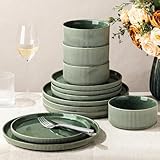 GBHOME 12-Piece Stoneware Dinnerware Set for 4 – Ribbed Ceramic Plates and Bowls, Scratch-Resistant, Microwave & Dishwasher Safe, Reactive Glaze, Dark Green