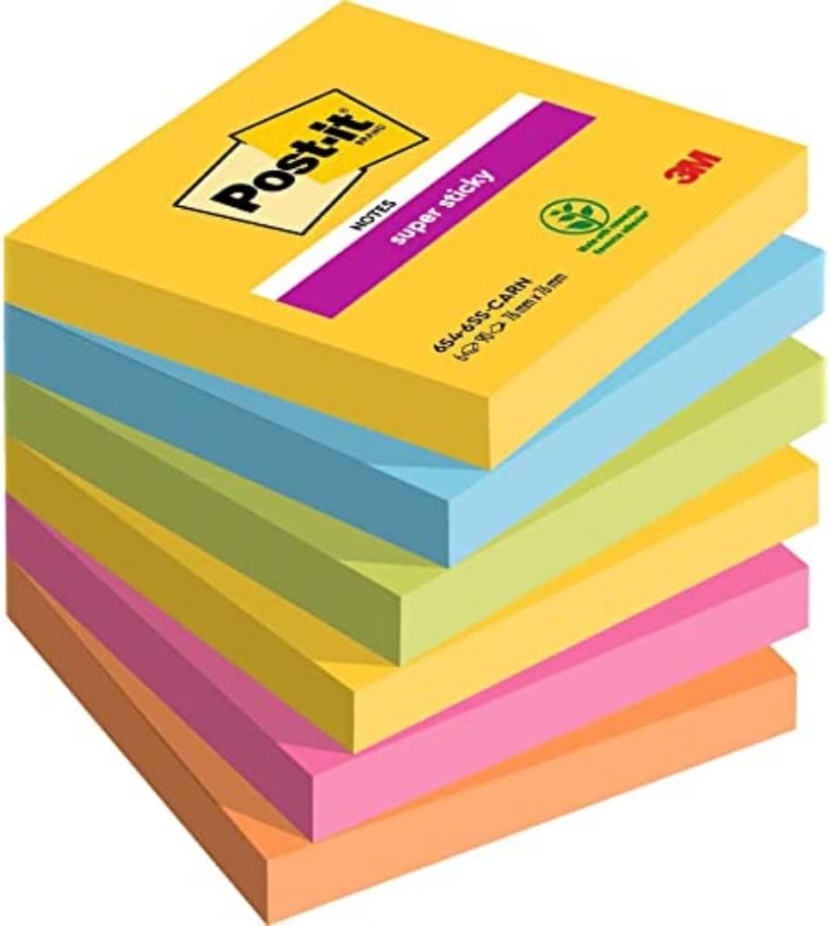 Post-it Super Sticky Notes Carnival Collection Pack of 6 Pads, 90 Sheets Per Pad, 76 x 76 mm, Yellow, Blue, Green, Pink - Extra Strong Sticky Notes for To Do Lists and Reminders