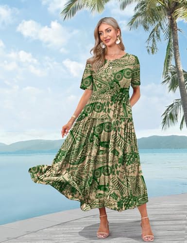 Image of YESNO Women Casual Loose Bohemian Floral Dress with Pockets Short Sleeve Long Maxi Summer Beach Swing Dress EJF