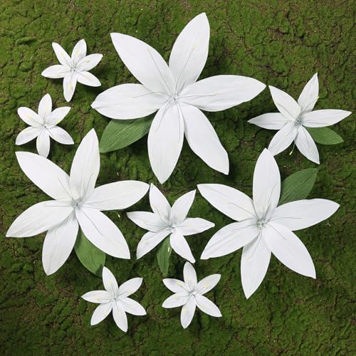 Paper Jazz 11pcs White Paper Flower Wall Decorations,Artificial 3D Flower Backdrop,Giant Lily Crepe Tissue Flowers Wall Decal for Wedding Bridal Baby Shower Nursery Bulletin Board Bedroom Classroom.