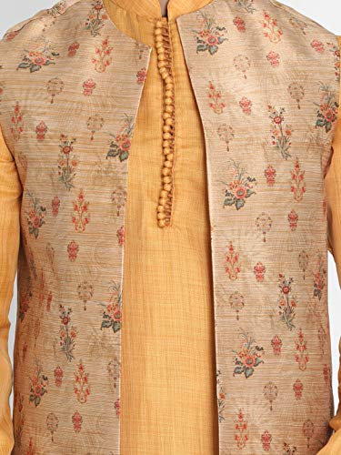 Image of VASTRAMAY Men's Beige Cotton Silk Blend Kurta, Ethnic Jacket and Pyjama Set