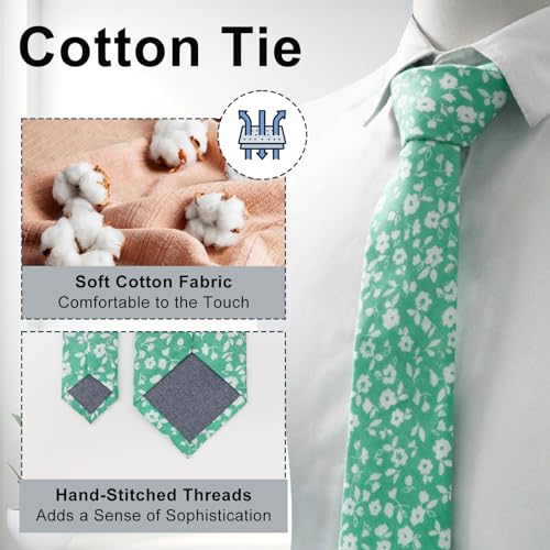 Image of Luckyvestir Mens Ties, Sage /Dusty Blue /Pink Floral Ties for Men, 2.76 inch Cotton Flower Necktie for Wedding /Groomsmen /Party
