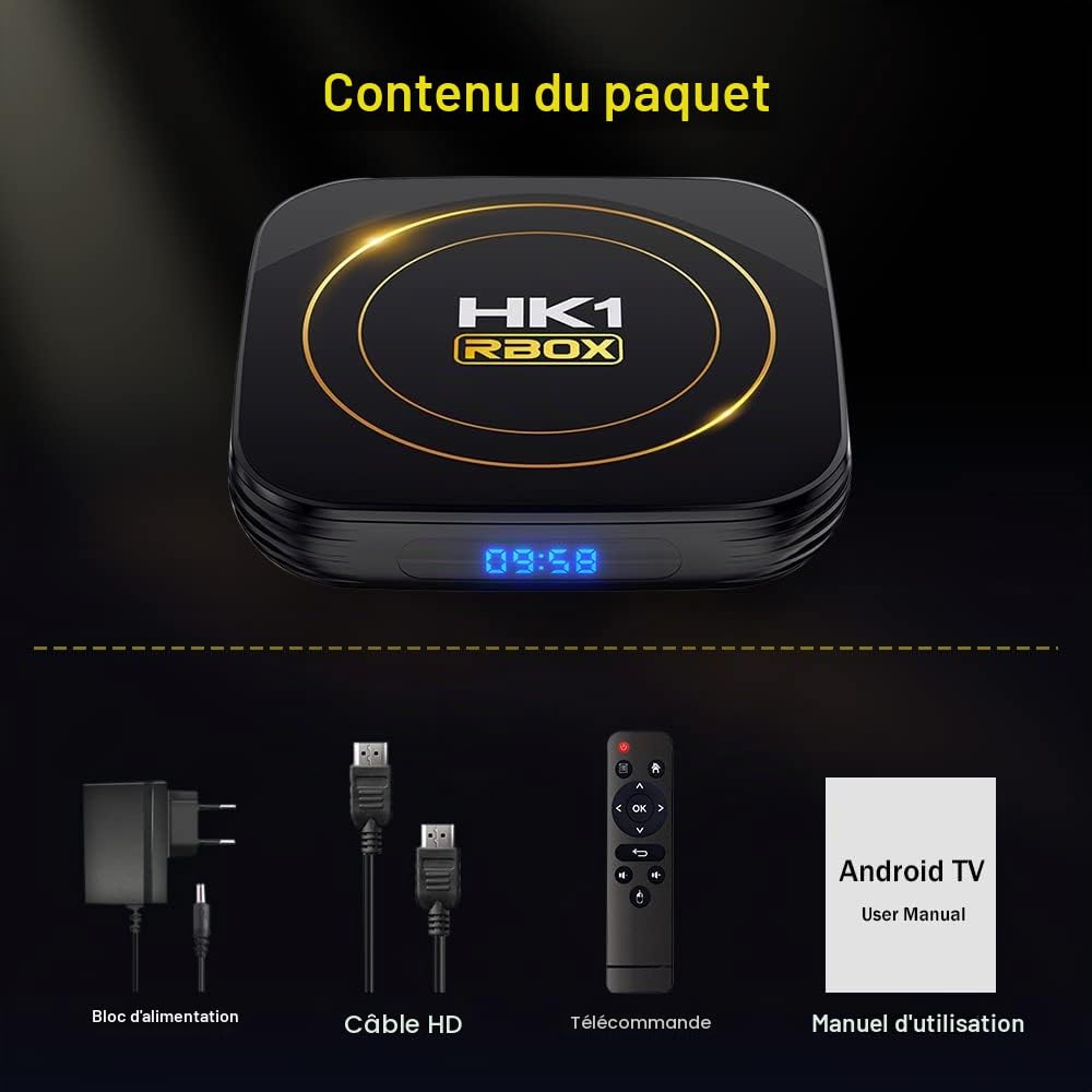 Android 12.0 TV Box, HK1 RBOX avec 4 Go de RAM et 64 Go de ROM, processeur 64 Bits quadricœur H618, Compatible Wi-FI 2,4 GHz/5,8 GHz et Bluetooth 4.0, décodage H.265 8K pour Lecteur multimédia | Prend en charge WiFi 2,4 GHz/5,8 GHz, Bluetooth 4.0, décodag