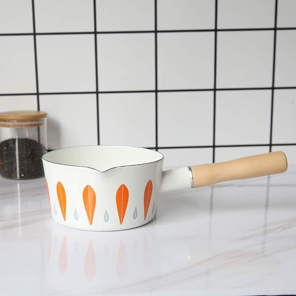 Japanese Style Enamel Milk Pan Mini Butter Warmer 1L Pot Pan Cookware Wooden Handle 15cm Dia-B (B)
